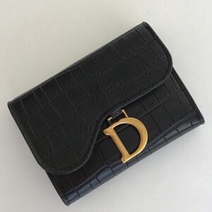 Black faux leather croco print small wallet with gold tone hardware